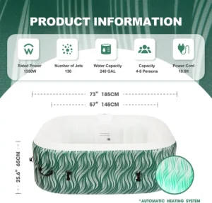 4–6 Person LED Inflatable Hot Tub with 130 Air Jets, Green