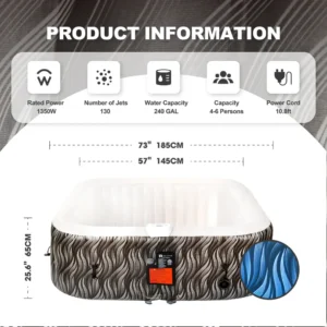 4–6 Person LED Inflatable Hot Tub with 130 Air Jets, Black