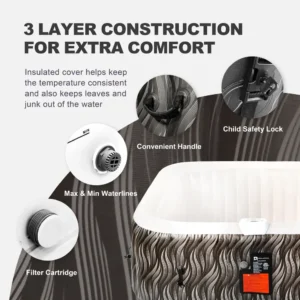 4–6 Person LED Inflatable Hot Tub with 130 Air Jets, Black