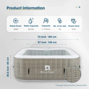 4–6 Person Square Inflatable Hot Tub with 130 Jets, Beige