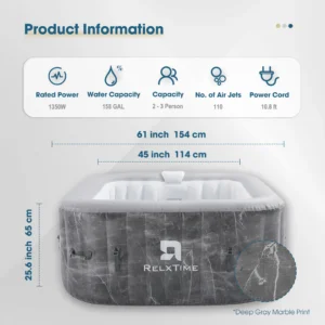 2–3 Person Square Inflatable Hot Tub with 110 Jets, Gery